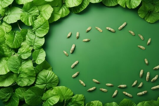 Silkworm cocoons arranged in a circular pattern on a vibrant green surface with fresh leaves