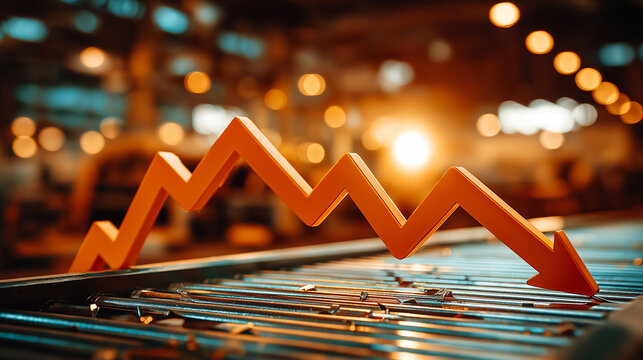 Market Downturn: An arresting visual of a downward-trending arrow casts a shadow over a manufacturing environment, portraying the concept of economic decline, challenges and financial instability.