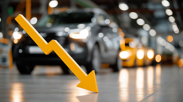 Car Industry Decline: A visual representation of a downward trend in the automotive industry, symbolizing economic challenges. A yellow arrow points down, set against the backdrop of a car factory.
