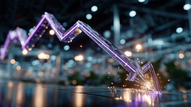 Economic Downturn Concept: A luminous, downward-pointing arrow pierces the ground, symbolizing an economic decline. Sparkling visual details underscore the abstract nature of the concept. 