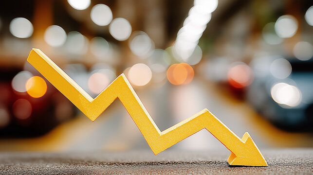 Economic Downturn: A symbolic arrow depicts financial decline amidst blurred background.