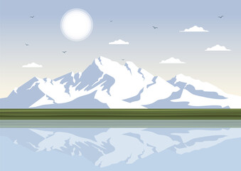 Fototapeta premium Seascape with rocky coastlines, cliffs, waves and blue sky with clouds in cartoon style