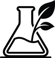 Obraz premium Black silhouette of flask with plant growing inside, symbol of biotechnology and sustainable science, nature and laboratory concept.
