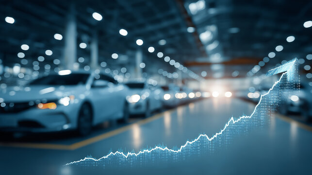 Production Ascent: A modern car factory production line showcases the tangible impact of industry growth. A graph overlaid on the scene vividly illustrates the rise of production in the sector.