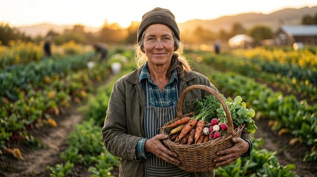 This photo realistic portrait captures a dignified female organic farmer, her face reflecting experience and pride, standing in her field with a basket of freshly harvested vegetables