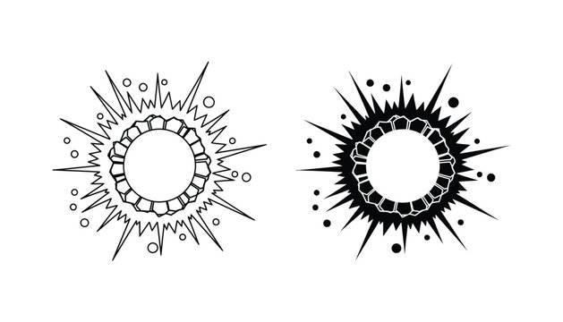 Set of two sunburst or explosion icons featuring a modern outline style and a solid black silhouette version for dynamic logo or graphic design elements on a white background