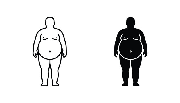 Full body outline and solid silhouette icons of an overweight person on white background representing body shape
