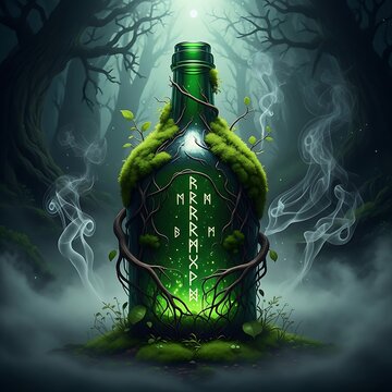 Mystical green bottle, overgrown with moss and vines, glowing with ethereal light