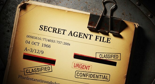 Secret agent file with classified stamps and binder clip