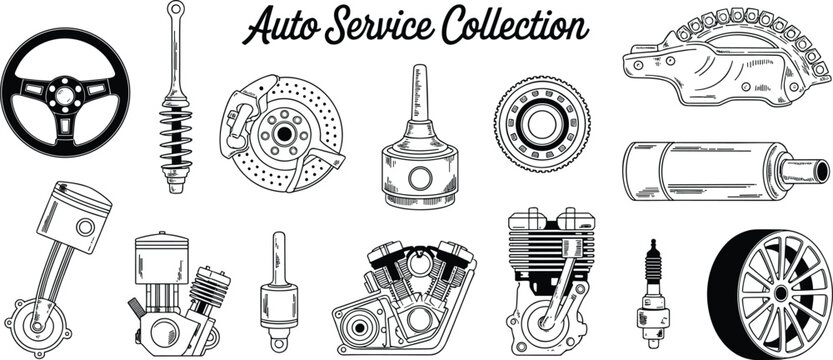 Collection of black and white line of automotive engine parts and accessories car parts auto service