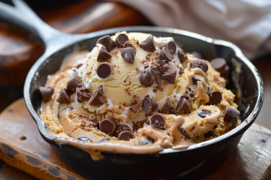 Warm, freshly baked chocolate chip cookie topped with melting vanilla ice cream and chocolate chips, served in a rustic cast iron pan