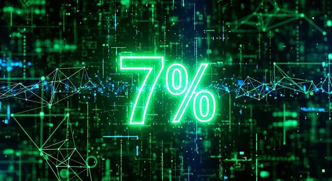 Neon green "7%" glows amidst abstract digital network data streams