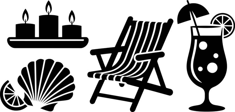 Black silhouette of beach chair candles cocktail and seashell deck chair lounge chair