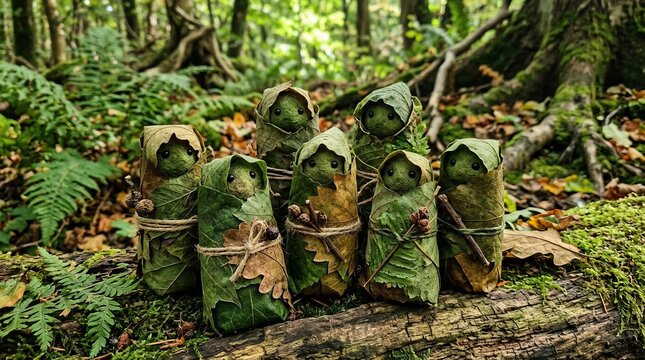 Whimsical forest sprites wrapped in leaves, nestled amongst moss and ferns in a magical woodland.