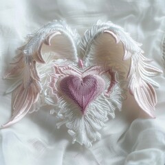 Naklejka premium Intricate embroidery of a heart with angel wings in pastel shades on textured white fabric, highlighting detailed stitching and craftsmanship