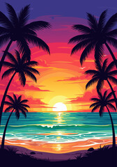 Obraz premium Vibrant vector illustration of a tropical beach sunset with silhouette palm trees and ocean waves, creating a serene and breathtaking tropical vacation vibe