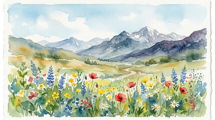 Fototapeta premium Vibrant wildflowers bloom in a sun-drenched meadow with rolling hills and distant mountains under a clear sky.