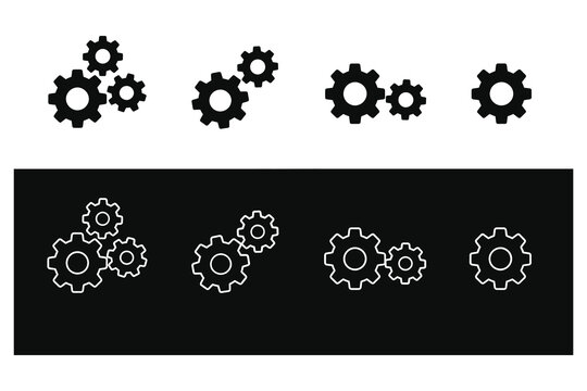 Set of gears icons in solid and outline styles with different arrangements on black and white background.