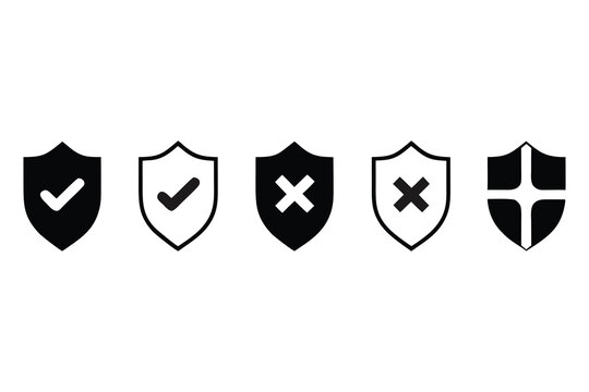 Shield icons with checkmarks and crosses, representing security, protection, approved, rejected, safe, and warning signals.