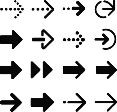 Set of various black arrow icons on transparent background, navigation, direction and pointer symbols, cursor and interface elements.