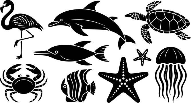 Black silhouette collection of tropical sea creatures and flamingo dolphin turtle