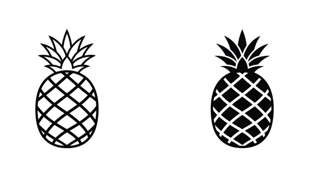 Minimalist pineapple fruit vector icons in outline and solid black style for tropical food design elements isolated on white background