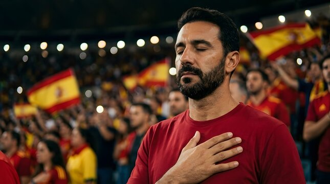 Young man with hand on heart eyes closed during national anthem in Spain soccer stadium at night