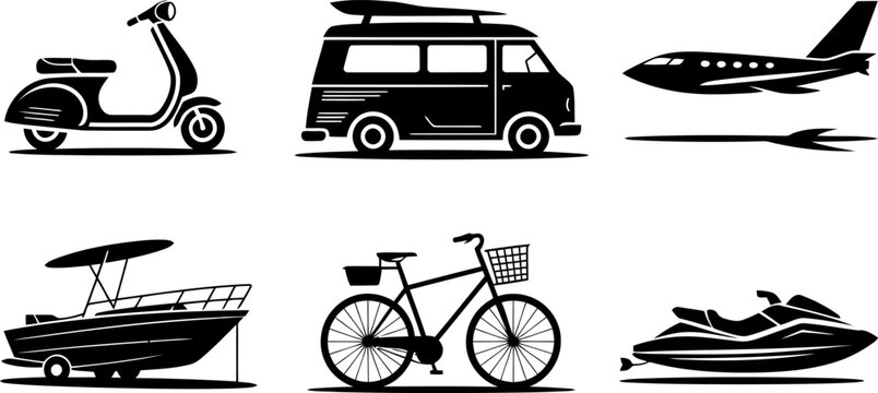 Black silhouette of transportation vehicles including scooter van airplane boat bicycle jet ski