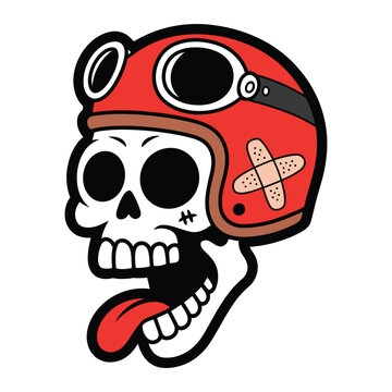 Skull wearing vintage red motorcycle helmet and goggles, cartoon style, with tongue out.