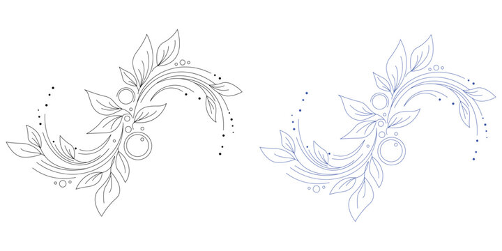 Floral Swirl Corner Ornament Line Art Vector Set, Botanical Leaves Decorative Element, Elegant Wedding Invitation Border in Black and Blue Outline