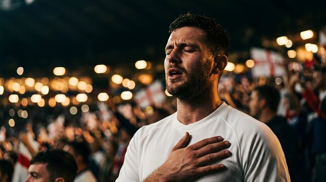 Young man with hand on heart eyes closed singing national anthem in England soccer stadium at night