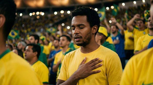 Young man with hand on heart eyes closed during national anthem in Brazil soccer stadium at night