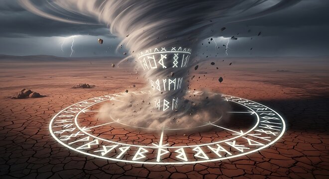 Mystical tornado vortex with ancient runes and lightning strikes in arid landscape