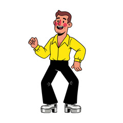 Fototapeta premium cartoon man dancing in yellow shirt and black pants on white background high quality professional detailed modern elegant stylish clean crisp vibrant colorful