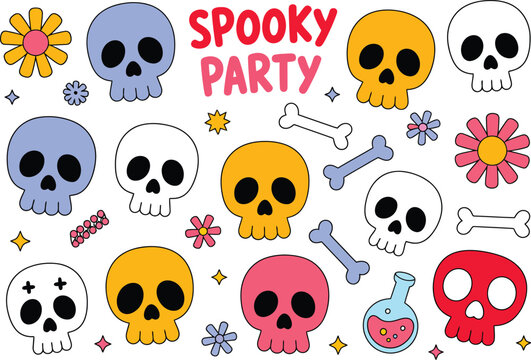 Spooky party skull collection, colorful, cartoon, cute, Halloween theme with flowers and potions.