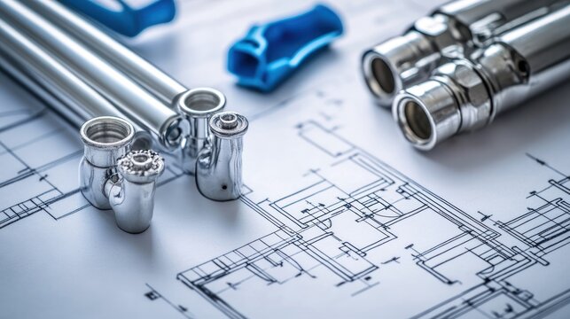 Plumbing project blueprint with pipes and fittings