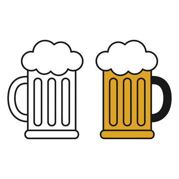 Two beer mugs with thick foam head in outline and color versions isolated on white background for pub menu decoration.