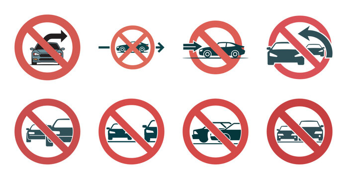 No car parking and no turning vector signs set, automobile prohibition symbols.