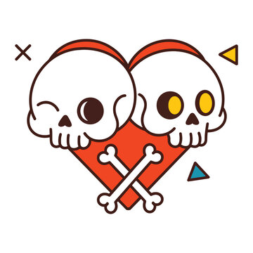 Two skulls forming heart shape with crossed bones, cute gothic tattoo style vector illustration.