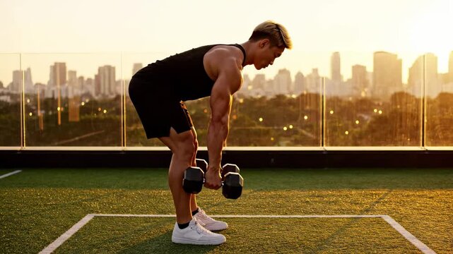 Athletic man performing dumbbell rows on a rooftop at sunset for fitness and wellness content.