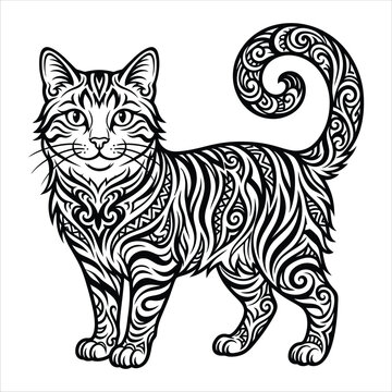 Stylized cat with intricate tribal patterns on its fur and an ornate curled tail, black and white outline vector illustration.