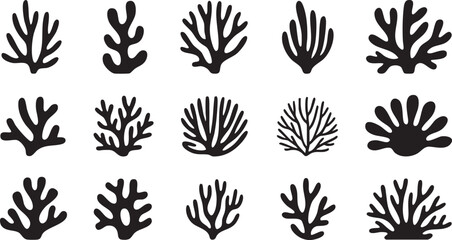 Fototapeta premium Coral reef or seaweeds vector underwater plant icons. Naive style leaves, algae or fronds. Hand drawn vector ink illustration. Modern style organic corals, aesthetic underwater plants and branches