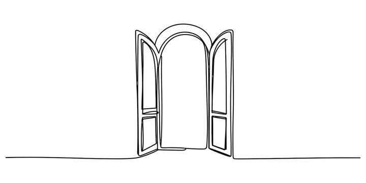 Simple line drawing of an open arched doorway with double doors, minimalist art style