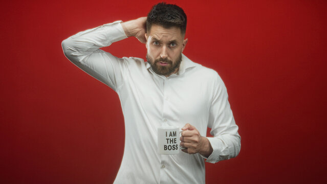Man with beard holds 'i am the boss' mug and shrugs left hand in studio red backdrop, wearing white shirt and gripping the cup; wry resignation.