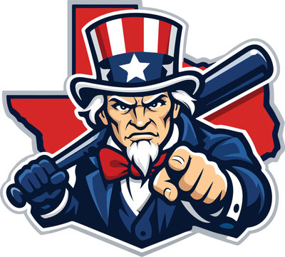 Uncle Sam baseball mascot character pointing with bat in front of Texas