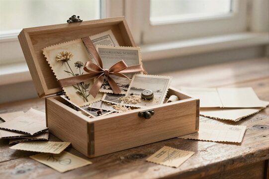 Wooden keepsake box filled with vintage letters and stamps