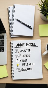 Notebook displays ADDIE Model steps Analyze, Design, Develop, Implement, Evaluate