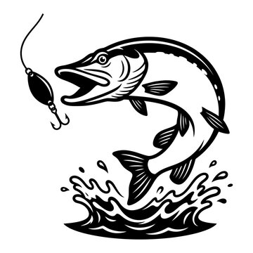 Bass fish hooked in water splash