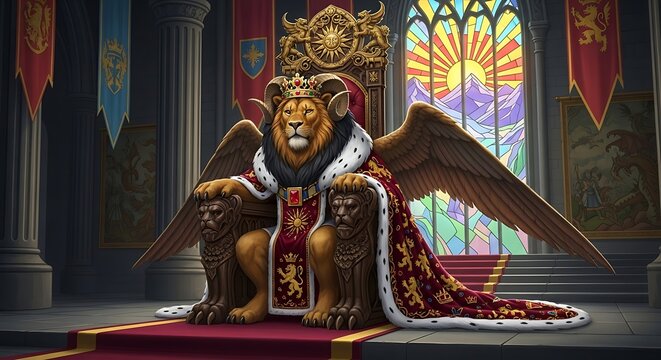 Mythical winged lion with ram horns sits regally on ornate throne, stained glass backdrop