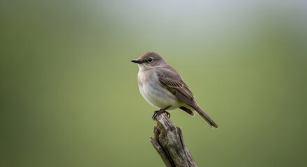 Obraz premium Small bird perched on a weathered branch against a soft green bokeh background during daylight